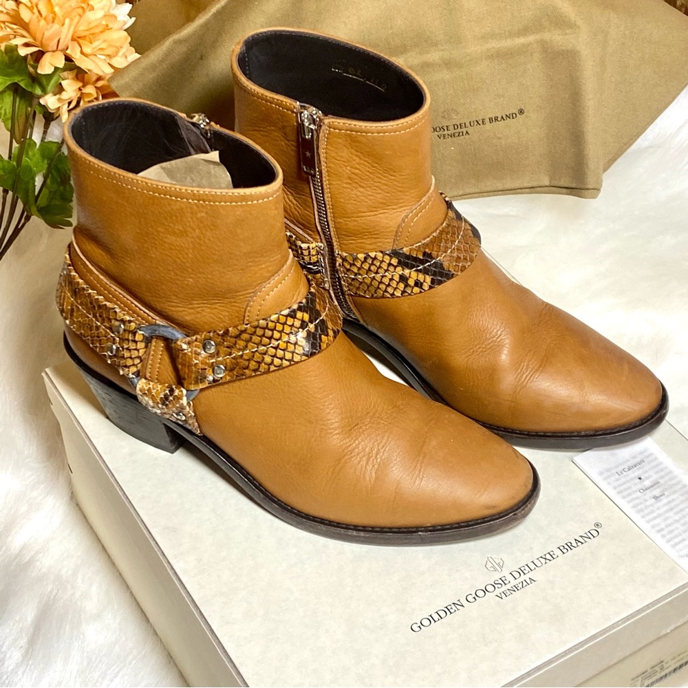 Golden Goose Bretagne Brown Leather Snakeskin Ankle Boots ~Western Moto Boots GG
